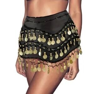 Skirt Scarf Belly Dancing Black Crocheted Dangling Gold Coins & Bead Free Bangle